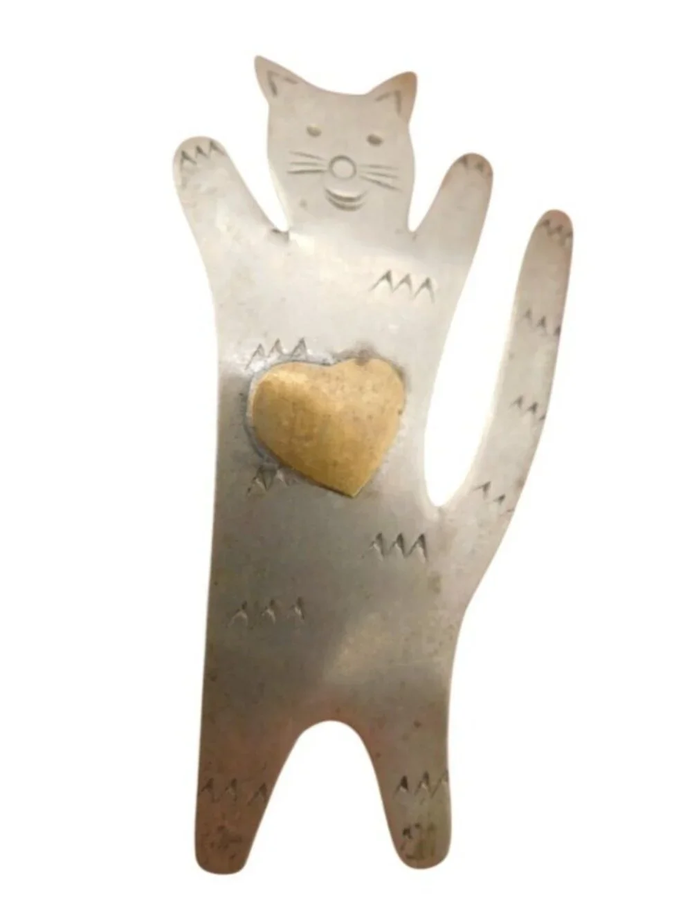 Silver Tone Cat Pin Brooch With Brass Heart Accent 2.25 Inch Not Marked